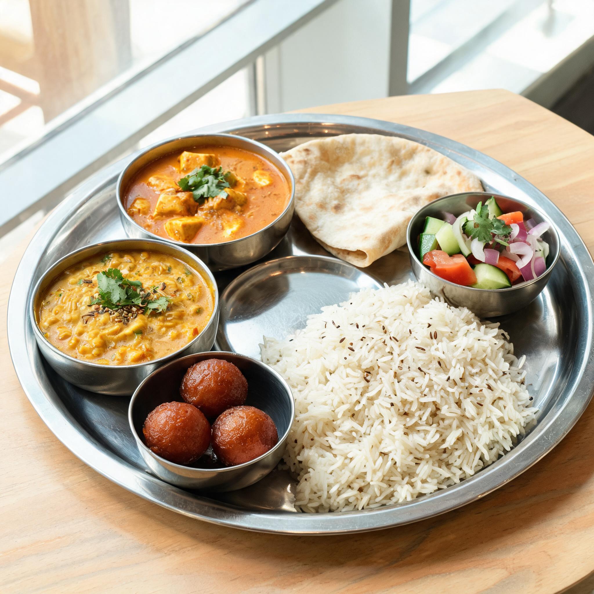 North Indian veg thali with paneer, dal and roti